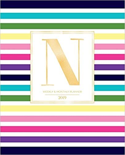 okumak Weekly &amp; Monthly Planner 2019: Striped Colors with Gold Monogram Letter N (7.5 x 9.25”) Vertical AT A GLANCE Colorful Stripes Cover Personalized Planner for Women Moms Girls and School