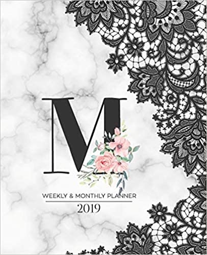 okumak Weekly &amp; Monthly Planner 2019: Black Lace Monogram Letter M Marble with Pink Flowers (7.5 x 9.25”) Horizontal AT A GLANCE Personalized Planner for Women Moms Girls and School