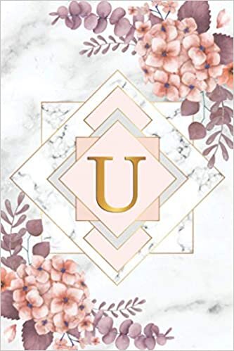 okumak U: Monogram Letter U College Ruled Notebook - Abstract Marble &amp; Fire Gold - Pink Floral Personal Initial Letter Medium Lined Blank Journal