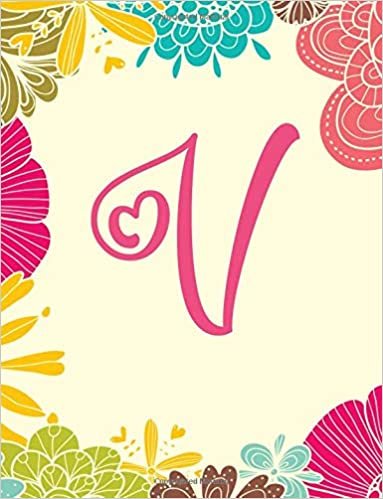 okumak V: Monogram Initial Single Letter V, Composition Notebook, College Ruled Lined Pages Book, Pink Floral Design, 8.5 x 11, Large