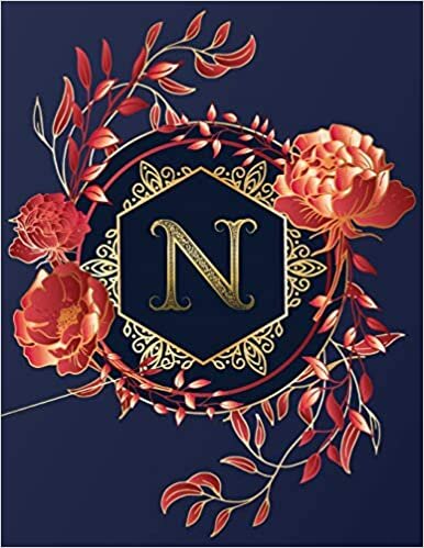okumak Journal Notebook Initial Letter &quot;N&quot; Monogram: Elegant, Decorative Wide-Ruled Diary. Featuring Unique Red/Peach Roses &amp; leaf design,Navy Blue ... Navy/Gold/Red Rose Initial Letter Monogram)