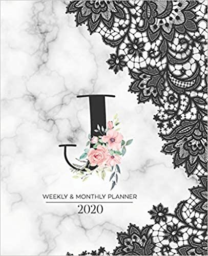okumak Weekly &amp; Monthly Planner 2020 J: Black Lace Marble Monogram Letter J with Pink Flowers (7.5 x 9.25 in) Horizontal at a glance Personalized Planner for Women Moms Girls and School