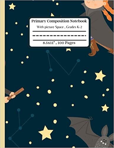okumak Primary Composition Notebook : With picture space, Grades k-2, beautiful pattern witch flying on the broom, moon , stars, bat.: Draw &amp; write Exercise ... midline and drawing area, 8.5x11&quot;, 100 pages.