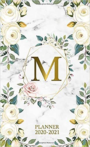 M 2020-2021 Planner: Marble Gold Floral Two Year 2020-2021 Monthly Pocket Planner | 24 Months Spread View Agenda With Notes, Holidays, Password Log & Contact List | Monogram Initial Letter M indir