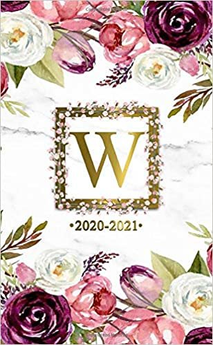 W 2020-2021: Two Year 2020-2021 Monthly Pocket Planner | Marble & Gold 24 Months Spread View Agenda With Notes, Holidays, Password Log & Contact List | Watercolor Floral Monogram Initial Letter W