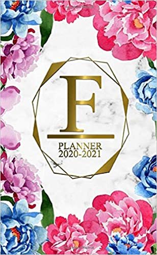 F: Two Year 2020-2021 Monthly Pocket Planner | 24 Months Spread View Agenda With Notes, Holidays, Password Log & Contact List | Marble & Gold Floral Monogram Initial Letter F