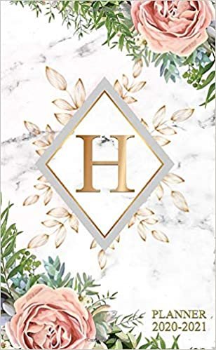 H 2020-2021: Nifty Floral Two Year 2020-2021 Monthly Pocket Planner | 24 Months Spread View Agenda With Notes, Holidays, Password Log & Contact List | Marble & Gold Monogram Initial Letter H