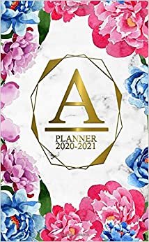 A: Two Year 2020-2021 Monthly Pocket Planner | 24 Months Spread View Agenda With Notes, Holidays, Password Log & Contact List | Marble & Gold Floral Monogram Initial Letter A indir