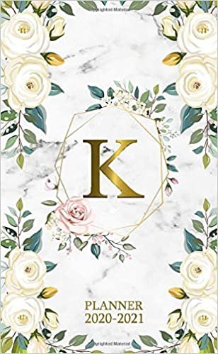 K 2020-2021 Planner: Marble Gold Floral Two Year 2020-2021 Monthly Pocket Planner | 24 Months Spread View Agenda With Notes, Holidays, Password Log & Contact List | Monogram Initial Letter K
