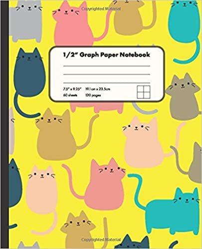 1/2" Graph Paper Notebook: Cute Flat Cartoon Cats On Yellow Background 1/2 Inch Square Graph Paper Notebook | 7.5" x 9.25" Graph Paper Notebook for Girls Kids s Students for Home School