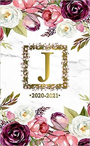 J 2020-2021: Two Year 2020-2021 Monthly Pocket Planner | Marble & Gold 24 Months Spread View Agenda With Notes, Holidays, Password Log & Contact List | Watercolor Floral Monogram Initial Letter J