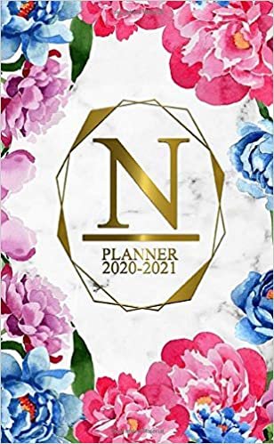 N: Two Year 2020-2021 Monthly Pocket Planner | 24 Months Spread View Agenda With Notes, Holidays, Password Log & Contact List | Marble & Gold Floral Monogram Initial Letter N