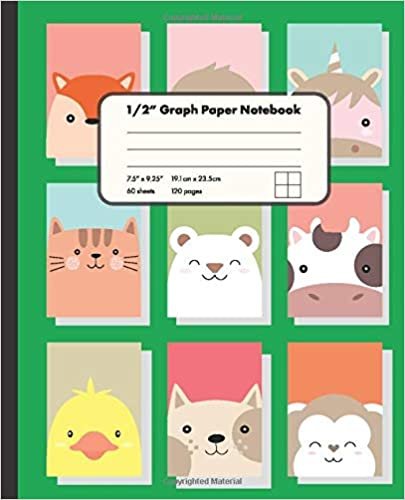 1/2" Graph Paper Notebook: Cute Animal Portraits on Green Background 1/2 Inch Square Graph Paper Notebook For Math And Drawing | 7.5" x 9.25" Graph ... for Girls Kids Teens Students for Home School