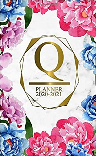Q: Two Year 2020-2021 Monthly Pocket Planner | 24 Months Spread View Agenda With Notes, Holidays, Password Log & Contact List | Marble & Gold Floral Monogram Initial Letter Q