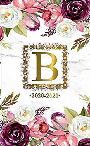 B 2020-2021: Two Year 2020-2021 Monthly Pocket Planner | Marble & Gold 24 Months Spread View Agenda With Notes, Holidays, Password Log & Contact List | Watercolor Floral Monogram Initial Letter B indir