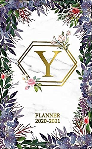 Y 2020-2021 Planner: Marble & Gold Two Year 2020-2021 Monthly Pocket Planner | Nifty 24 Months Spread View Agenda With Notes, Holidays, Password Log & Contact List | Floral Monogram Initial Letter Y