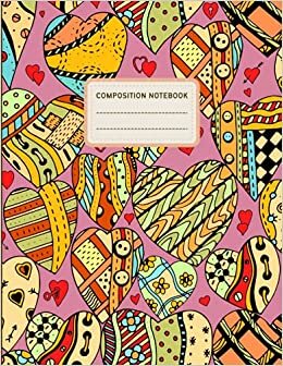 70's Heart Pattern Composition Notebook: 8.5 x 11 Inches, Wide Ruled Book With Vintage Aesthetic