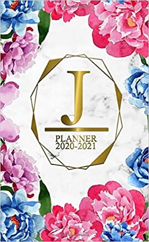 J: Two Year 2020-2021 Monthly Pocket Planner | 24 Months Spread View Agenda With Notes, Holidays, Password Log & Contact List | Marble & Gold Floral Monogram Initial Letter J