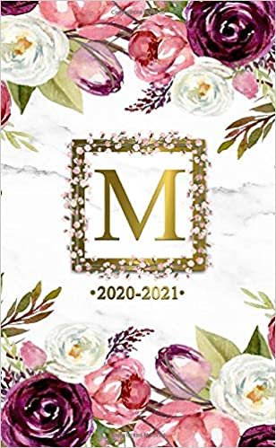 M 2020-2021: Two Year 2020-2021 Monthly Pocket Planner | Marble & Gold 24 Months Spread View Agenda With Notes, Holidays, Password Log & Contact List | Watercolor Floral Monogram Initial Letter M