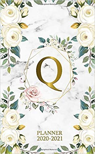 Q 2020-2021 Planner: Marble Gold Floral Two Year 2020-2021 Monthly Pocket Planner | 24 Months Spread View Agenda With Notes, Holidays, Password Log & Contact List | Monogram Initial Letter Q