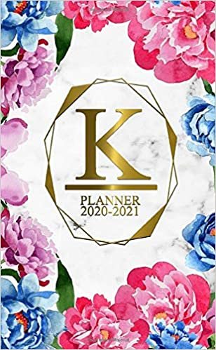 K: Two Year 2020-2021 Monthly Pocket Planner | 24 Months Spread View Agenda With Notes, Holidays, Password Log & Contact List | Marble & Gold Floral Monogram Initial Letter K