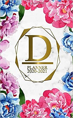 D: Two Year 2020-2021 Monthly Pocket Planner | 24 Months Spread View Agenda With Notes, Holidays, Password Log & Contact List | Marble & Gold Floral Monogram Initial Letter D indir