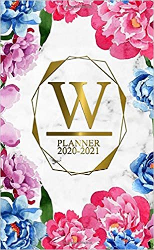 W: Two Year 2020-2021 Monthly Pocket Planner | 24 Months Spread View Agenda With Notes, Holidays, Password Log & Contact List | Marble & Gold Floral Monogram Initial Letter W