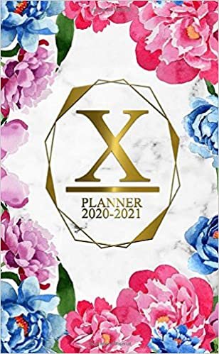 X: Two Year 2020-2021 Monthly Pocket Planner | 24 Months Spread View Agenda With Notes, Holidays, Password Log & Contact List | Marble & Gold Floral Monogram Initial Letter X