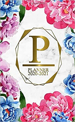 P: Two Year 2020-2021 Monthly Pocket Planner | 24 Months Spread View Agenda With Notes, Holidays, Password Log & Contact List | Marble & Gold Floral Monogram Initial Letter P