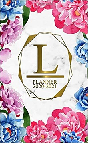 L: Two Year 2020-2021 Monthly Pocket Planner | 24 Months Spread View Agenda With Notes, Holidays, Password Log & Contact List | Marble & Gold Floral Monogram Initial Letter L