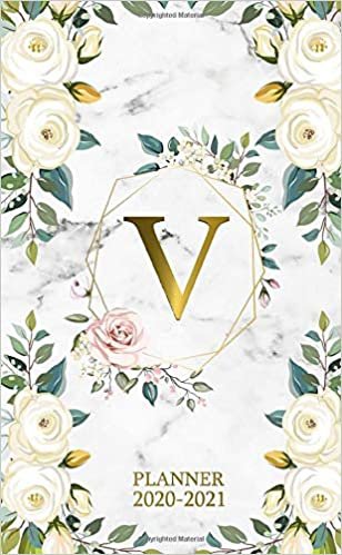 V 2020-2021 Planner: Marble Gold Floral Two Year 2020-2021 Monthly Pocket Planner | 24 Months Spread View Agenda With Notes, Holidays, Password Log & Contact List | Monogram Initial Letter V