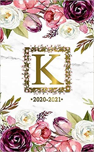 K 2020-2021: Two Year 2020-2021 Monthly Pocket Planner | Marble & Gold 24 Months Spread View Agenda With Notes, Holidays, Password Log & Contact List | Watercolor Floral Monogram Initial Letter K