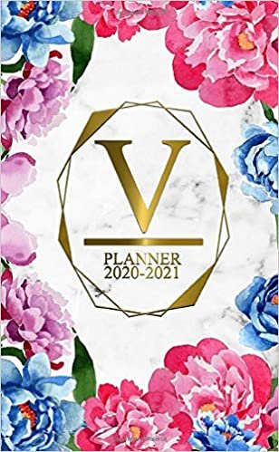 V: Two Year 2020-2021 Monthly Pocket Planner | 24 Months Spread View Agenda With Notes, Holidays, Password Log & Contact List | Marble & Gold Floral Monogram Initial Letter V