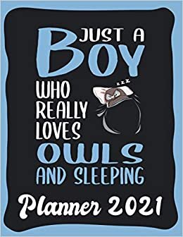 Planner 2021: Owl Planner 2021 incl Calendar 2021 - Funny Owl Quote: Just A Boy Who Loves Owls And Sleeping - Monthly, Weekly and Daily Agenda ... - Weekly Calendar Double Page - Owl gift"