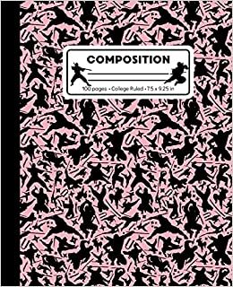 Composition: College Ruled Writing Notebook, Rose Pink Ninja Pattern Marbled Blank Lined Book