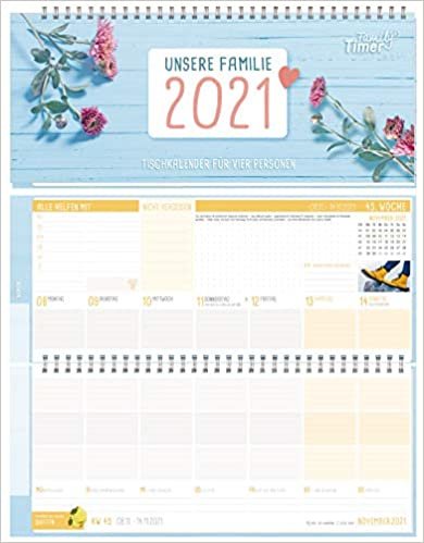 Family-Timer Wochen-Tischkalender 2021 im Quer-Format bis zu für 4 Personen | 1 Woche 2 Seiten | Wochenkalender 21 x 10,5 cm, Schreibtisch-Kalender mit Sprüchen | nachhaltig & klimaneutral