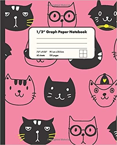 1/2" Graph Paper Notebook: Cats Faces Drawing On Pink Background 1/2 Inch Square Graph Paper Notebook For Math And Drawing | 7.5" x 9.25" Graph Paper ... for Girls Kids Teens Students for Home School