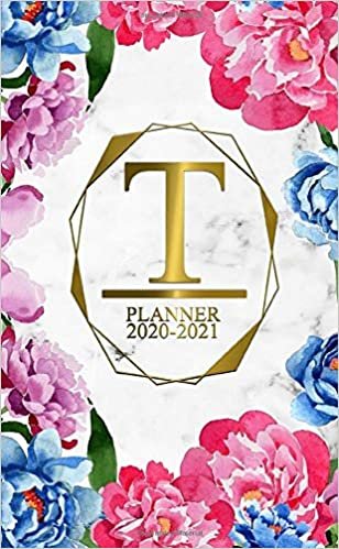 T: Two Year 2020-2021 Monthly Pocket Planner | 24 Months Spread View Agenda With Notes, Holidays, Password Log & Contact List | Marble & Gold Floral Monogram Initial Letter T