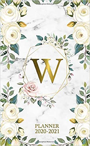 W 2020-2021 Planner: Marble Gold Floral Two Year 2020-2021 Monthly Pocket Planner | 24 Months Spread View Agenda With Notes, Holidays, Password Log & Contact List | Monogram Initial Letter W