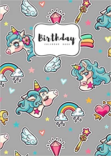 Birthday Calendar Book: B6 Important Date Notebook Small | Monthly Index Labels | Magical Unicorn Rainbow Star Design Gray