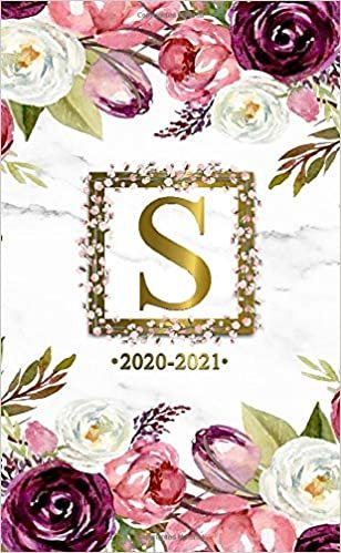 S 2020-2021: Two Year 2020-2021 Monthly Pocket Planner | Marble & Gold 24 Months Spread View Agenda With Notes, Holidays, Password Log & Contact List | Watercolor Floral Monogram Initial Letter S