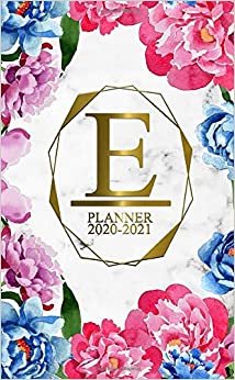 E: Two Year 2020-2021 Monthly Pocket Planner | 24 Months Spread View Agenda With Notes, Holidays, Password Log & Contact List | Marble & Gold Floral Monogram Initial Letter E