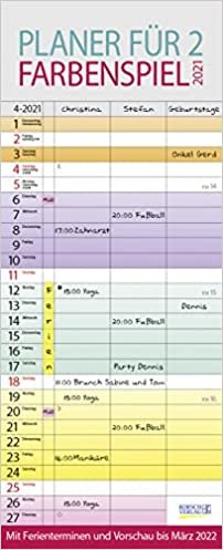 Farbenspiel - Planer für 2 2021: Familienplaner mit 3 breiten Spalten. Familienkalender mit farbigen Wochen, Ferienterminen, Vorschau bis März 2021. indir