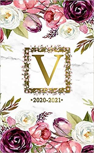 V 2020-2021: Two Year 2020-2021 Monthly Pocket Planner | Marble & Gold 24 Months Spread View Agenda With Notes, Holidays, Password Log & Contact List | Watercolor Floral Monogram Initial Letter V