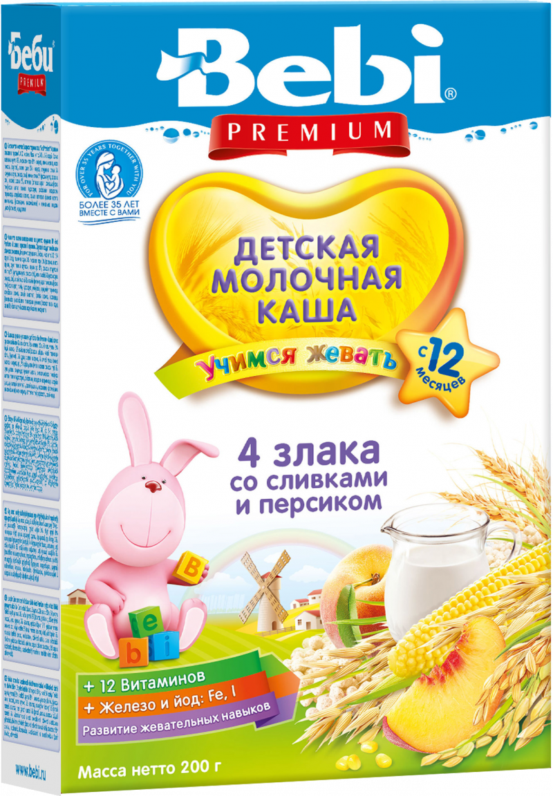 Каша ТМ Bebi Premium 4 злака со сливками и персиком 200г