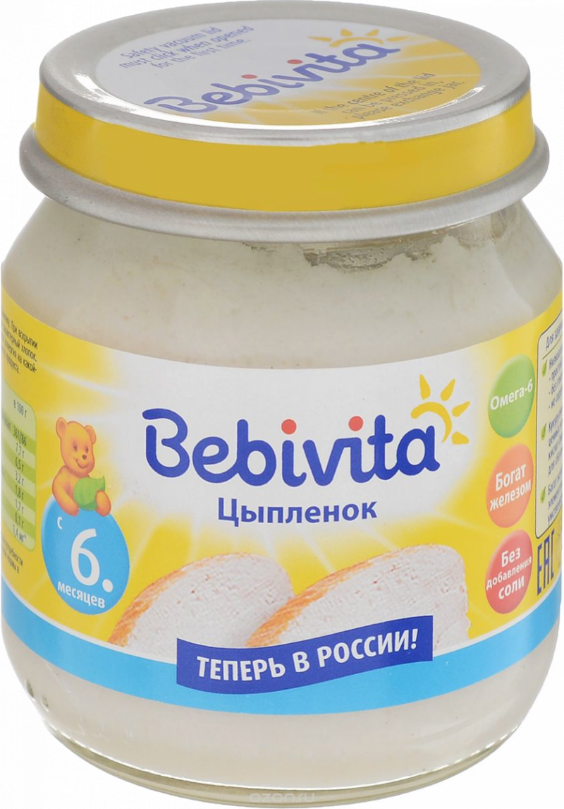 Пюре ТМ Bebivita из мяса цыплят, стекло, 100г