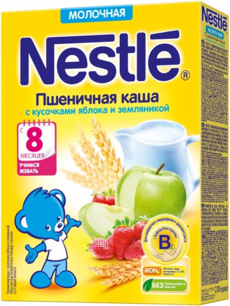 Каша ТМ Nestle молочная пшеничная с земляникой и яблоком, 220г