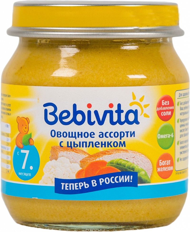 Пюре ТМ Bebivita Овощное ассорти с цыпленком, стекло, 100г