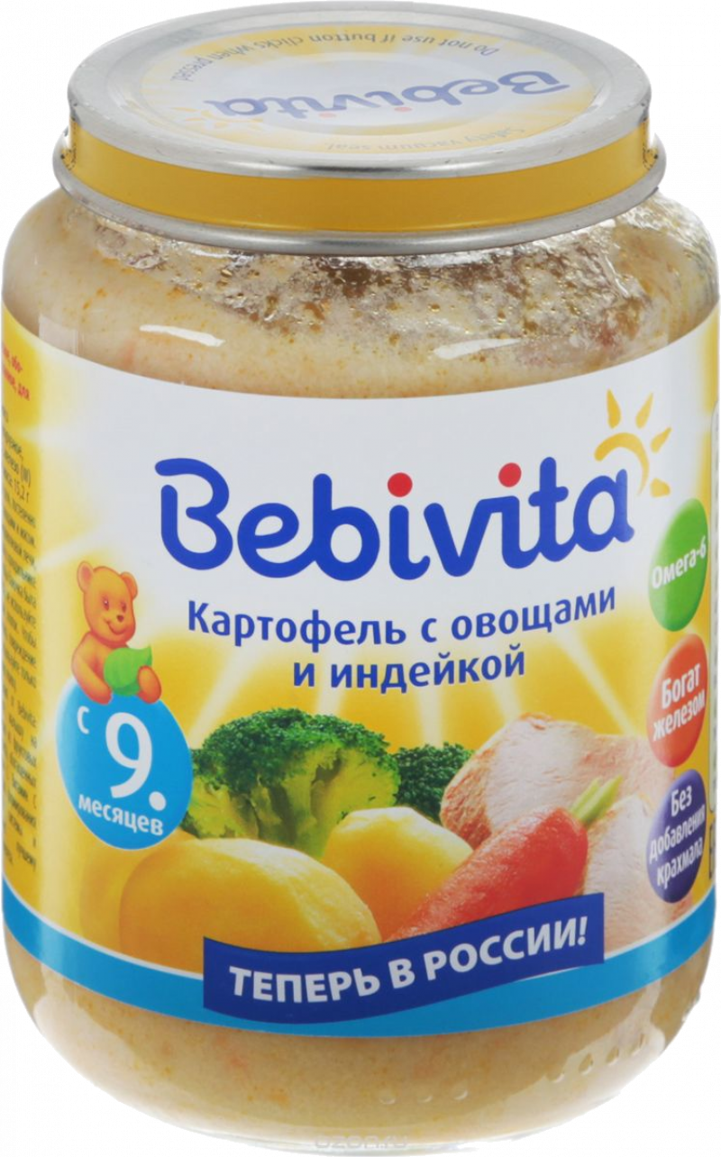 Пюре ТМ Bebivita Картофель с овощами и индейкой, стекло, 190г