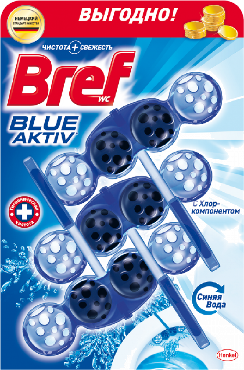 Туалетный блок ТМ Bref Blue Aktiv с хлор-компонентом 3шт